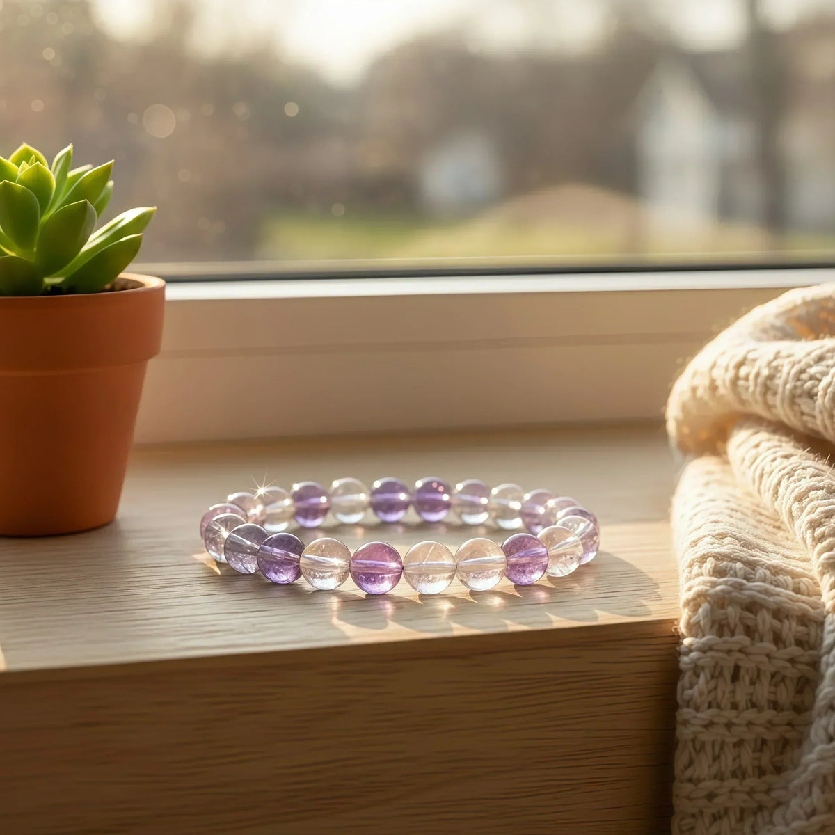 Natural Super Seven crystal healing bracelet for emotional balance, anxiety relief, and grounding energy