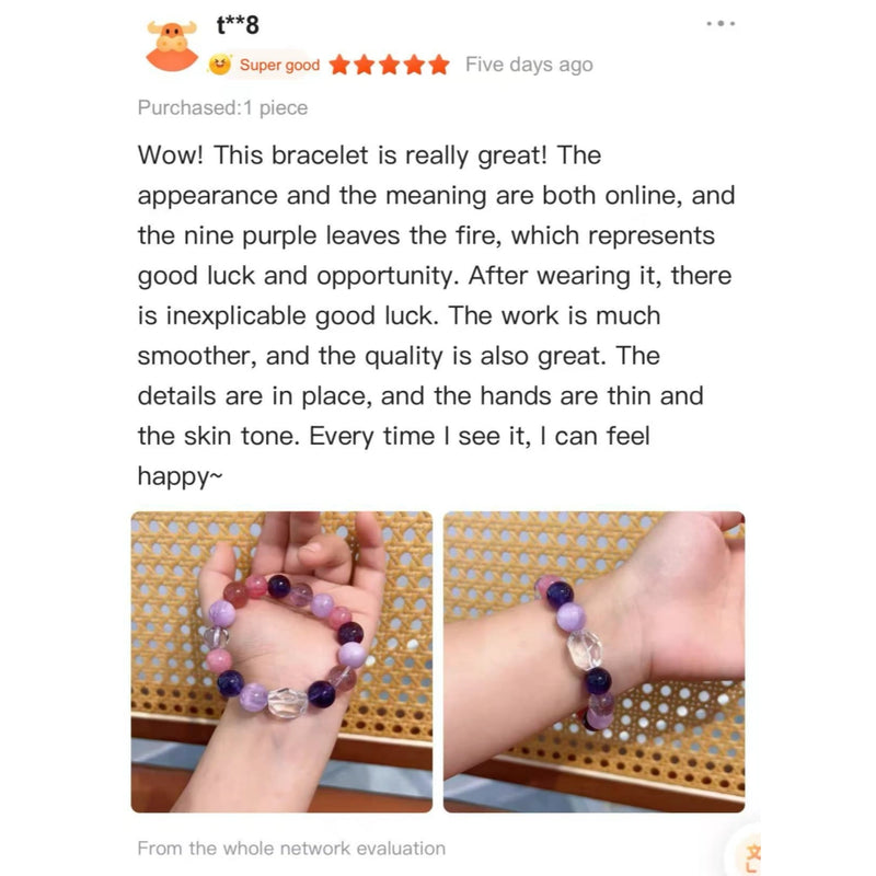 Handcrafted purple amethyst and clear quartz natural crystal bead bracelet on a wrist.
