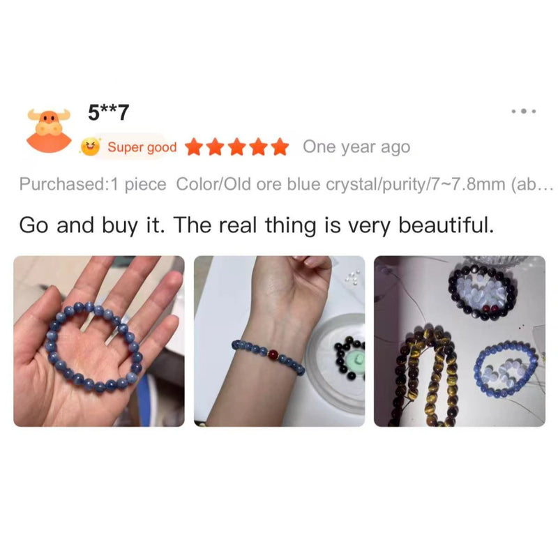 Customer review showing various natural blue and dark stone crystal bead bracelets.
