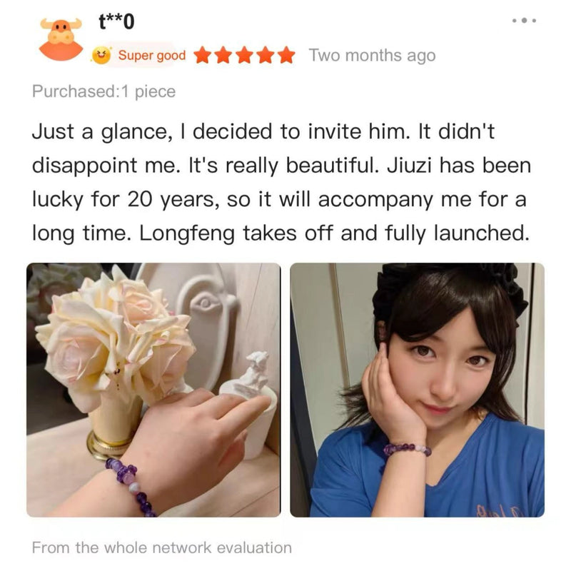 A customer review featuring a handcrafted purple natural crystal bracelet worn on a wrist.