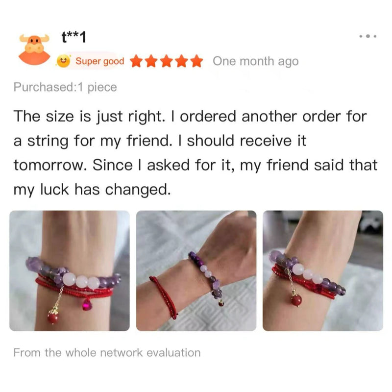 Customer reviews showing natural crystal bead bracelets worn on wrists.