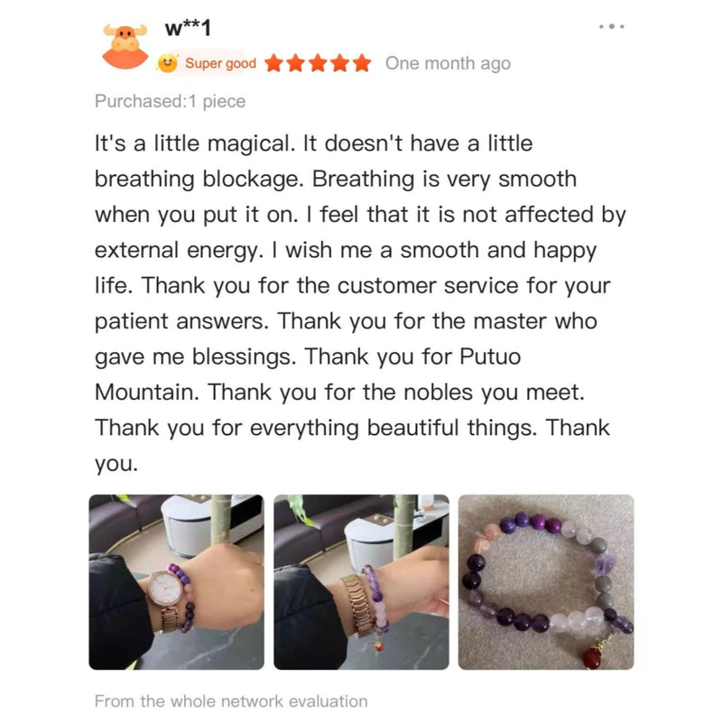 Customer review showing a handcrafted natural purple amethyst crystal bead bracelet worn on a wrist.