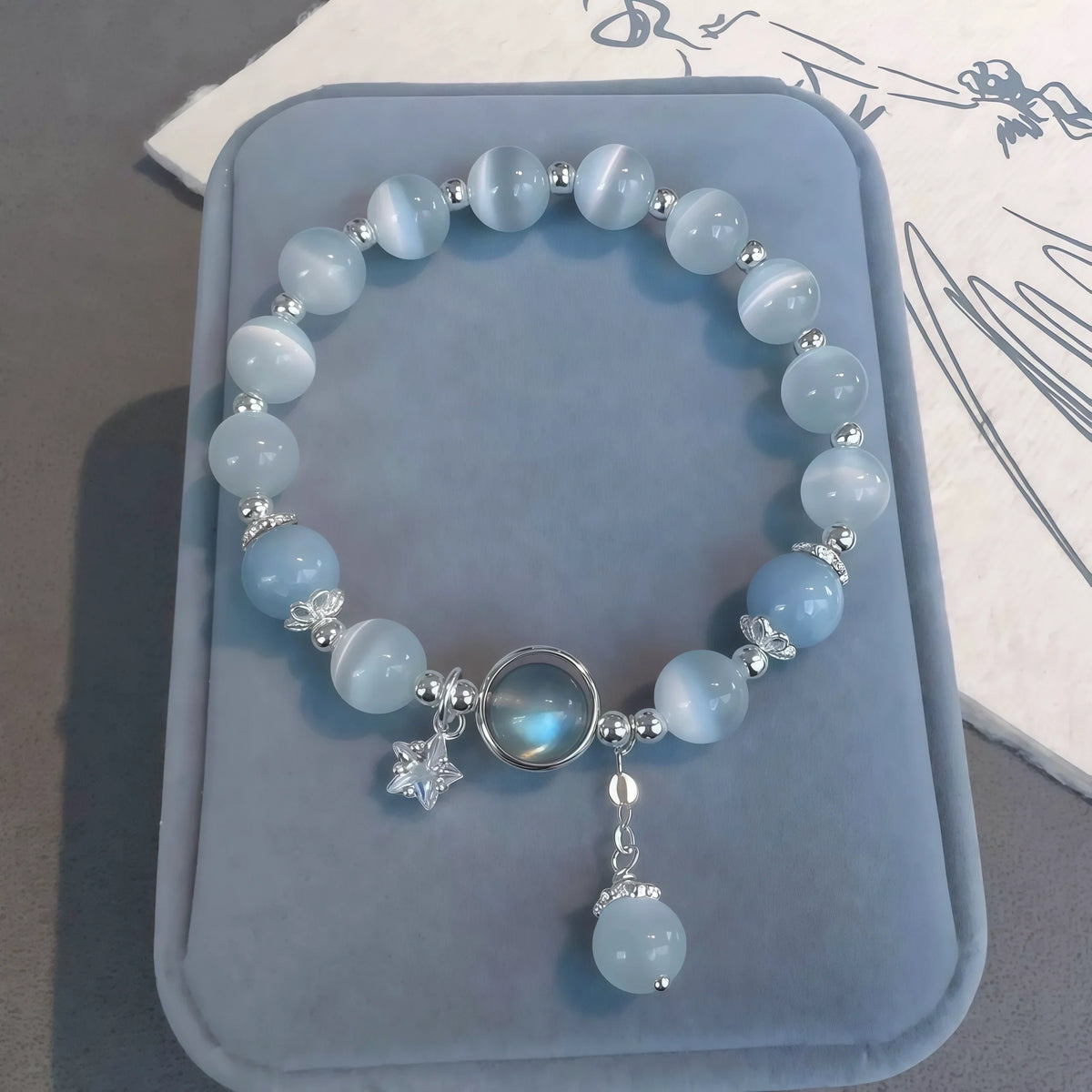 Light Blue Cat's Eye Gemstone Bracelet in Jewelry Box