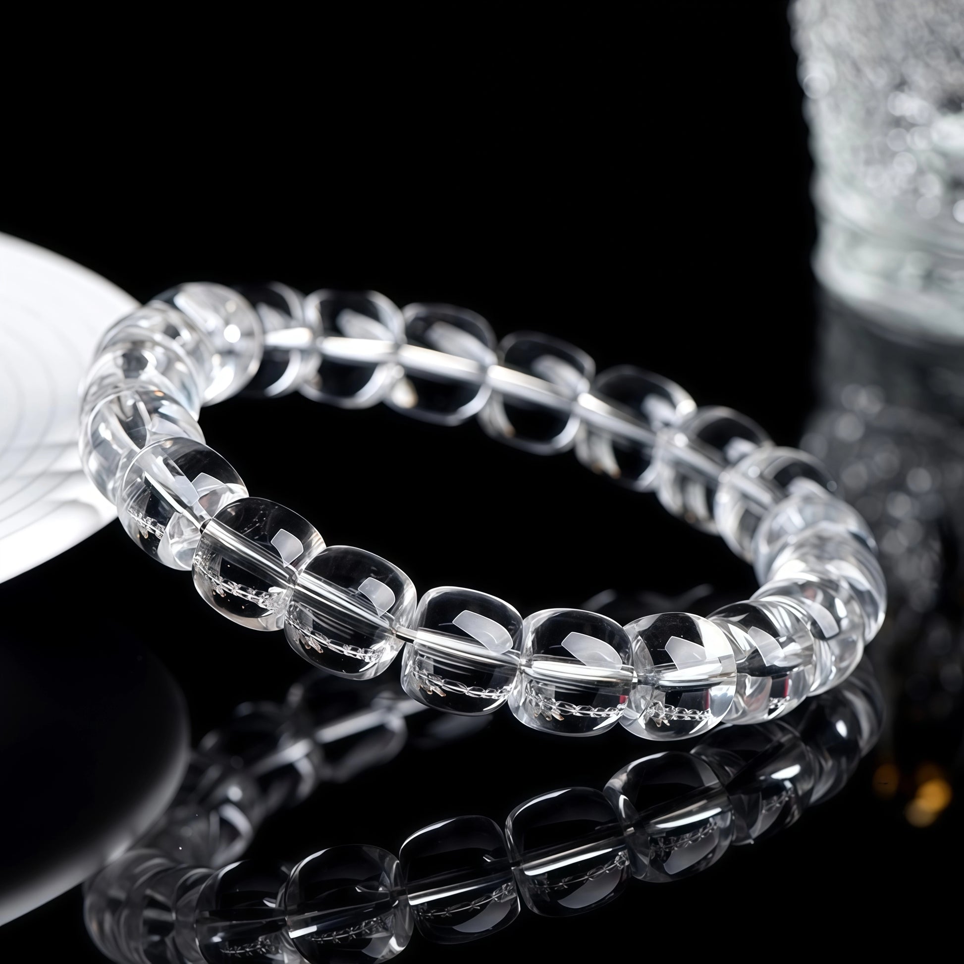 Natural clear quartz bracelet shown from another angle, showing its transparency