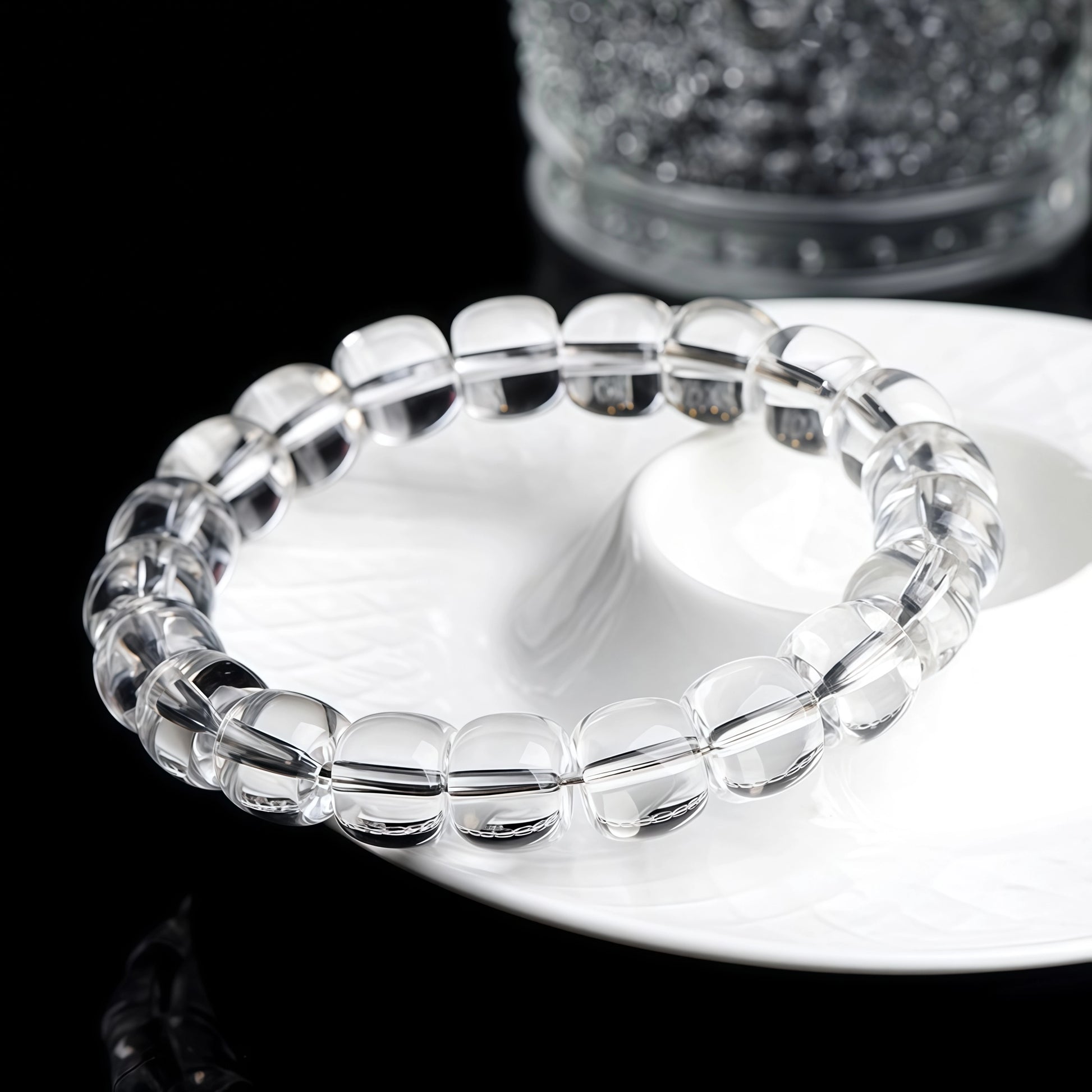 Clear quartz bracelet worn on the wrist for a clean, minimal everyday look