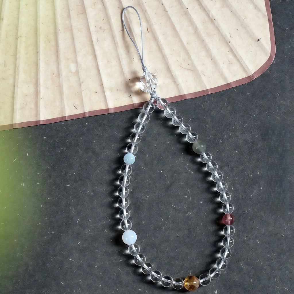 Natural Crystal Phone Charm with Green Rutilated and Strawberry Quartz