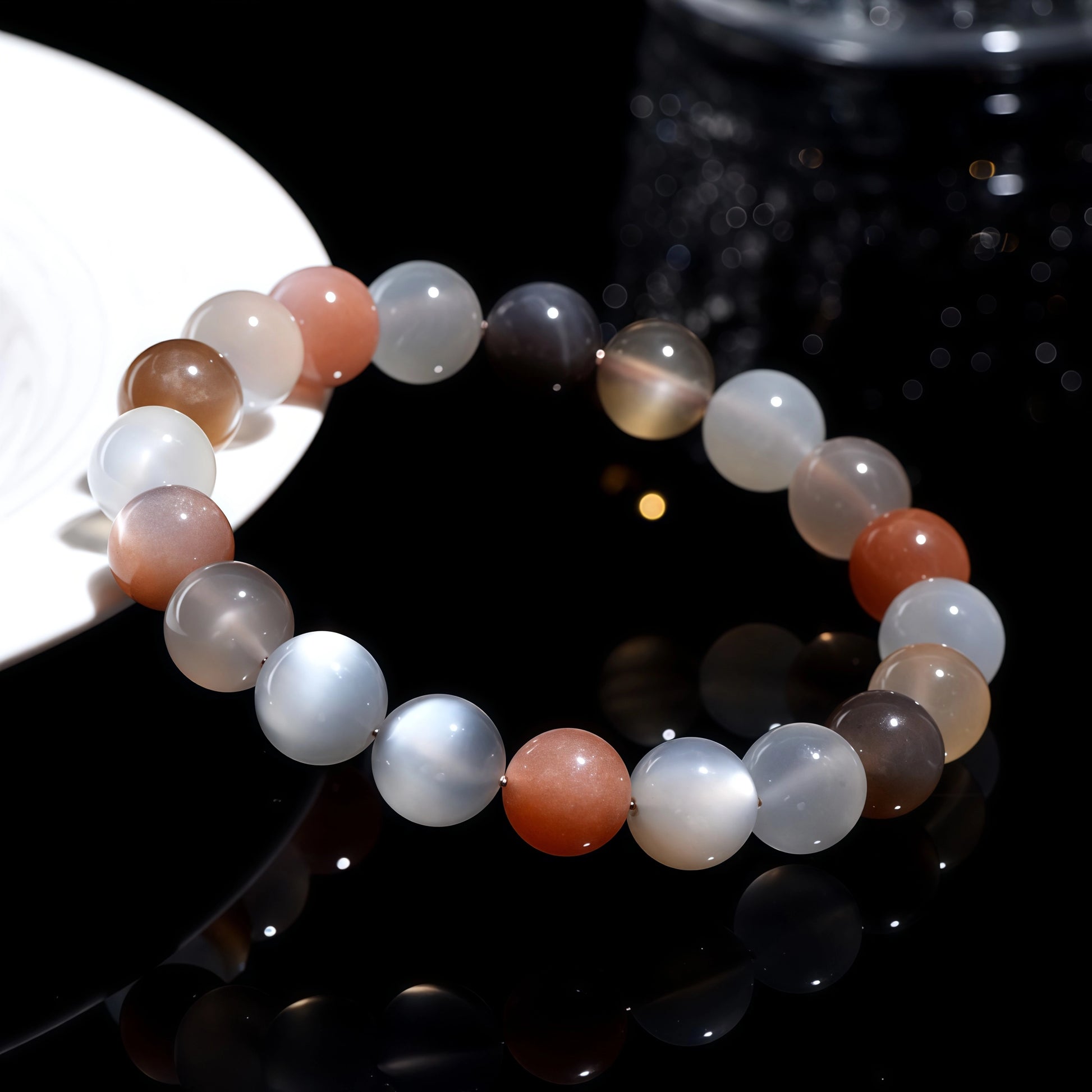 Close-up of natural moonstone beads with translucent depth and soft iridescence
