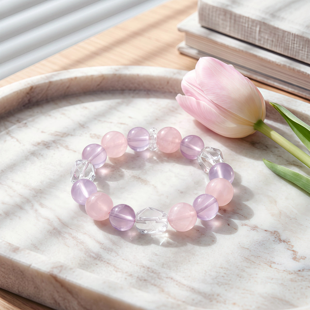 Genuine Clear Quartz and Rose Quartz Calming Energy Bracelet