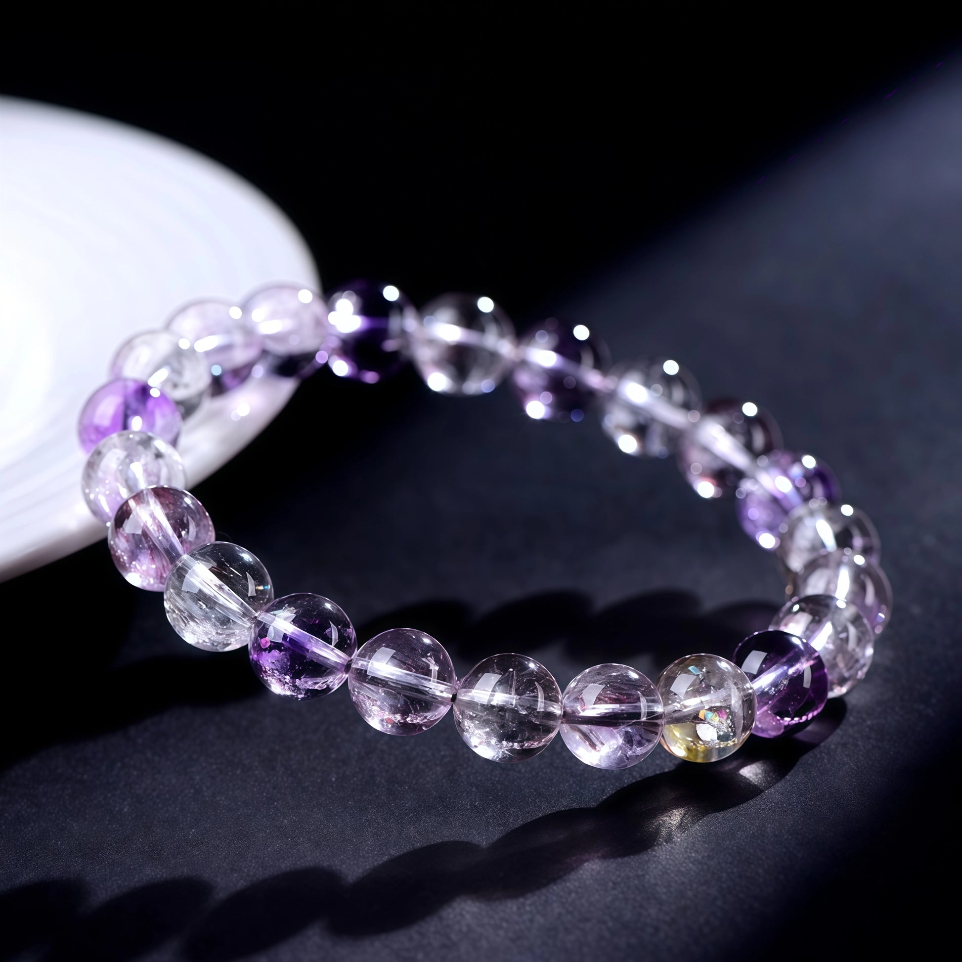 Super Seven quartz bracelet shown from another angle, showing its purple and smoky inclusions