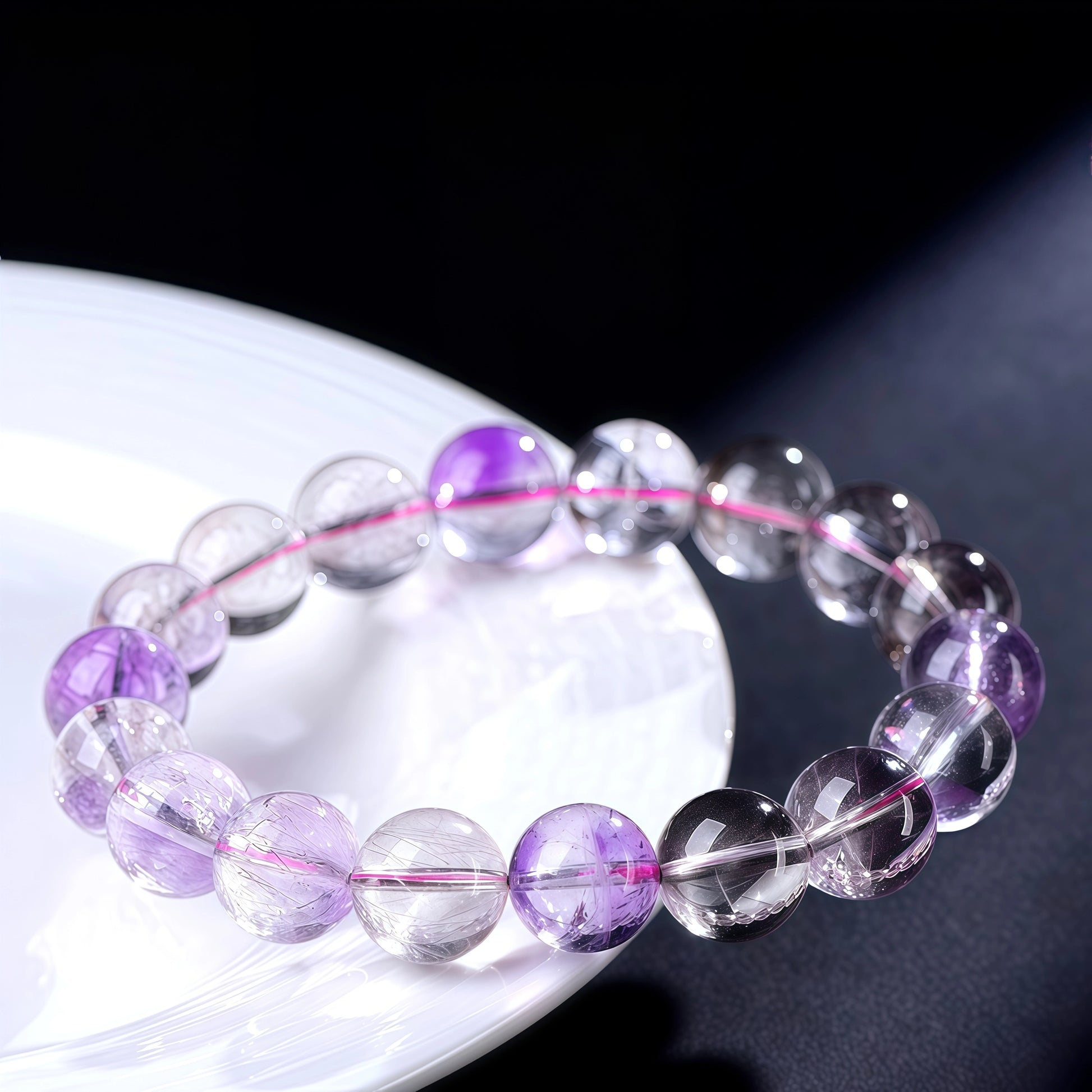 Single-wrap Super Seven quartz bracelet worn on the wrist for an everyday look