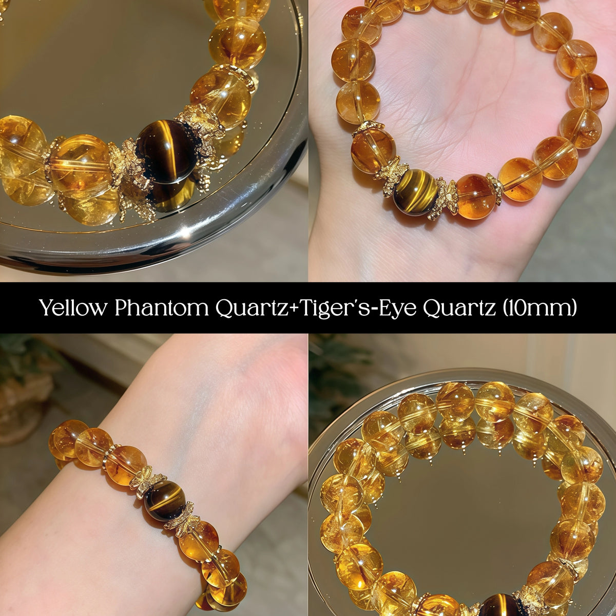 Premium natural yellow phantom quartz bracelet focusing on distinct internal crystal structures