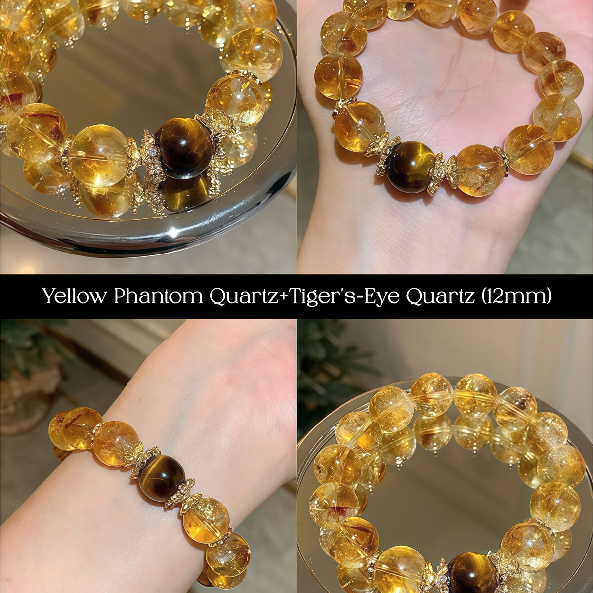 Healing crystal stretch bracelet crafted from authentic golden phantom stones