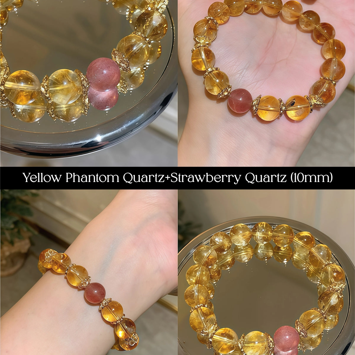 Natural crystal jewelry featuring high-clarity yellow phantom quartz beads